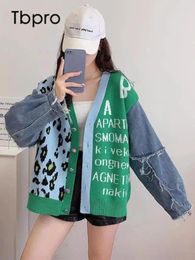 Women's Knits Leopard Contrast Colour Patchwork Cardigan Women Casual V-neck Single Breasted Long Sleeve Cardigans Lady High Street Sweater
