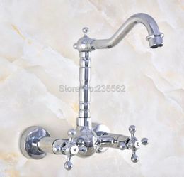 Bathroom Sink Faucets Polished Chrome Brass Wall Mounted Double Cross Handles Kitchen Faucet Mixer Tap Swivel Spout Lnf576