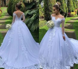 Dresses 2020 New Hot Sexy Arabic Long Sleeves A Line Wedding Dresses Illusion Lace Appliques Beaded Plus Size Court Train Sheer Back Brida