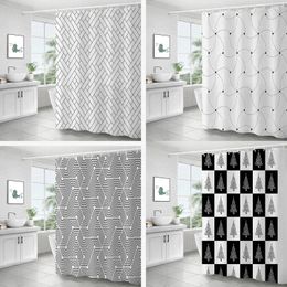 Shower Curtains Geometric Decor Curtain Black White Grid Modern Bathroom Polyester Fabric Screen Quick-Drying Waterproof