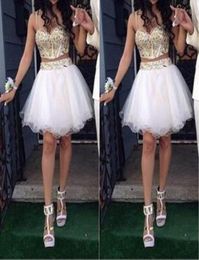 Stunning Two Piece Short Homecoming Dress Gold and White Luxury Gold Stones Spaghetti Straps Prom Gowns Custom Made High Quality5221279