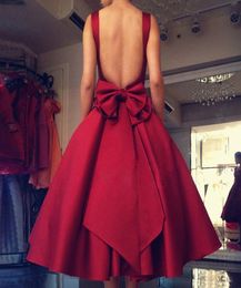 Sexy Backless 2019 Evening Dress with Bow Red Tea Length Satin Prom Gowns Sleeveles Formal Party Dress for Girl Women9882602