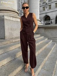 Women's Two Piece Pants Clacive Summer Slim Brown Office Trousers Set Woman 2 Pieces 2024 Elegant Sleeveless Tank Top With High Waist Female