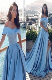 Blue Off The Shoulder Prom Dresses Ruffles Satin Side Split Saudi Arabic Evening Gowns Formal Party Dresses Plus Size Summer Autum2705562