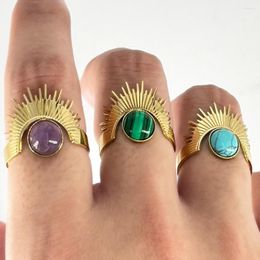 Cluster Rings Bohemian Turquoise Zircon Natural Stone Opening For Women Gold Plated Stainless Steel Finger Jewelry Gifts Wholesale