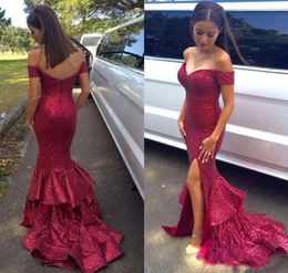 Red Sequined Mermaid Evening Dresses With Short Sleeve Off The Shoulder Side Split Long Party Dress 2017 Formal Plus Size Prom Gow1295836