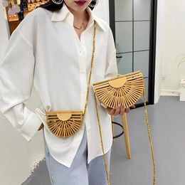 Storage Bags Fashion Bamboo Weave Bag Summer Beach Woven Half Moon Wooden Shoulder Crossbody For Women Elegant Phone Purse Handbag