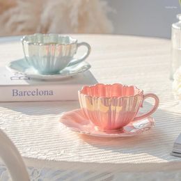 Cups Saucers 240ml Pearl White Pink Blue Flower Petal Coffee And Ceramic Pretty Tea Cup With Saucer Set