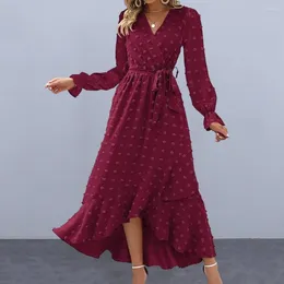 Casual Dresses Women Spring Fall Dress Dot Applique Solid Color V Neck Belted Tight High Waist A-line Irregular Ruffle Hem Bohemian Flowy