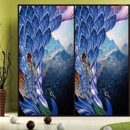 Window Stickers Customized Size Stained Glass Film Static Cling Chinese Style Peacock Peafoul Home Decoration 40cmx100cm