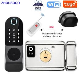 Lock No Wiring Waterproof Tuya Wifi Smart Door Lock Double Sided Fingerprint Rim Lock Smart Card Digital Code Outdoor Electronic Lock
