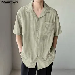 Men's Casual Shirts INCERUN Men Shirt Folds Striped Lapel Short Sleeve Button Korean 2024 Streetwear Summer Leisure Clothing S-5XL