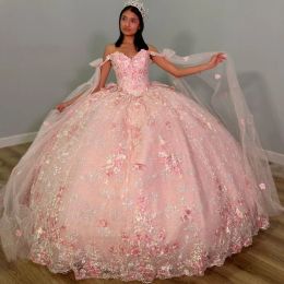 Dresses 2024 Sexy Pink Quinceanera Dresses Ball Gown Off Shoulder Sweetheart Lace Appliques Crystal Beads Flowers Puffy Tulle Corset Back