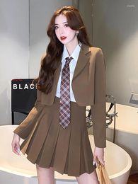 Work Dresses Ladies Preppy Style Outfit Suits Women Clothing Short Tops Coat Blazer Suit And Mini Skirt Shirt Blouse Tie 4 Pieces Set