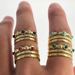 Cluster Rings Boho Turquoise Hollow Multilayer Inlaid Finger For Women Wide Opening Gold Plated Stainless Steel Ring Jewelry Gifts