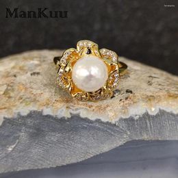 Cluster Rings Mankuu Natural Pearl Semi-Hole Bead And 18K Copper Plated Microset Zircon Set Combination Ring For Women