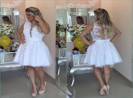 Little White Knee Length Cocktail Dresses Sexy Rhinestone Pearls Party Prom Gowns Sheer Illusion Bodies Cheap Women Celebrity Shor9209444