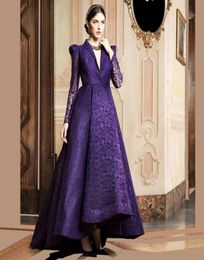 Elegant Purple Long Sleeve Lace Evening Dresses 2017 V Neck Saudi Arabic Formal Dress Backless High Low Special Occasion Gowns7207617