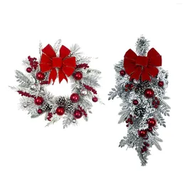 Decorative Flowers Christmas Wreath Decorated With Bow Balls Red Berries Artificial Garland