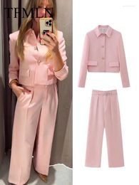 Women's Two Piece Pants TFMLN Spring Office Lady Pink Elegant Suit Fashion Long Sleeve Short Coat Straight Wide Leg With Belt 2024