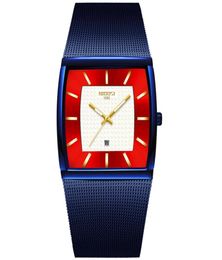 Men Watch Square Classic Business Slim Blue Wristwatch Mesh Red 30M Waterproof Calendar Clock Relogio Masculino Wristwatches8908840