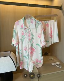 Women Silk Satin Sweet Pajamas Set Female Short Sleeves Pants 2 Pcs Loungewear Floral Print Soft Home Clothing Over Size L-6XL 240326