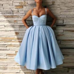 Dresses Cheap Baby Blue A Line Cocktail Dresses Spaghetti Straps Skort Satin Prom Dress Pleats Knee Length Formal Dress Evening Party Gown