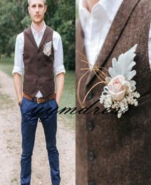 Dark Brown Wool Tweed Herringbone Wedding Groom Vests Groomsmen Vests VNeck Men039s Suit Vests Vest Men039s Dress Vest Wais8896281