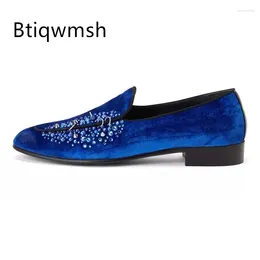 Dress Shoes Blue Luxury Velvet Man Pointed Toe Rhinestone Rivet Slip On Flats Male Fashion Wedding