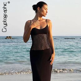 Casual Dresses Black Sexy Fishnet Detail Maxi Dress Club Party Elegant Outfits For Women Summer 2024 Mesh Splice Slip