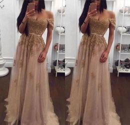 Dresses 2020 Champagne Lace Beaded Arabic Evening Dresses Wear Off Shoulder Sweetheart Aline Tulle Prom Dresses Vintage Cheap Formal Part