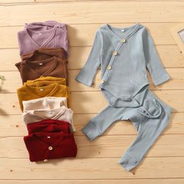 Clothing Sets Infant Born Baby Girls Boys Spring Autumn Ribbed Solid Clothes Long Sleeve Bodysuits Elastic Pants 2PCs Outfits