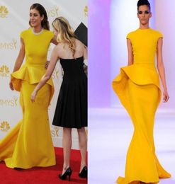 Gorgeous 2017 Arabic Dubai Evening Dresses Mermaid Cap Sleeves Satin Mustard Yellow Sparkle Sequin Formal Prom Gown Celebrity Dres1981367