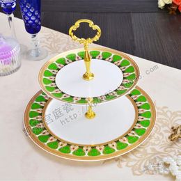 Plates Bone China Embossed Gold Double Layer Cake Plate Fruit Dried Tray Afternoon Tea Dessert Dim Sum Stand