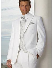 New Top selling Two buttons Peak Lapel White Groom Tuxedos Groomsmen Men Wedding Suits Prom Clothing JacketPantsVestTie 3589662323