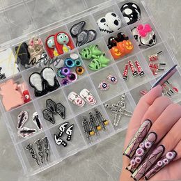 Halloween Charms Box Set Bloody Knives Eyeballs Hanging Skeleton Autumn Halloween Faces 3D Nail Art Alloy Decoration 240401