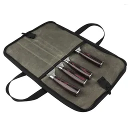 Kitchen Storage Cutter Organiser Compact Waxed Canvas Chef Roll With Zipper Pocket Durable 4-slot Knife For Travel Chefs