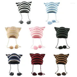 Ball Caps Crochet Stripe Pattern Ear Hat With Pom Winter Knitted Christmas Presents For Students Teenagers