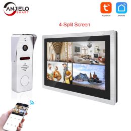 Intercom 1080P 4Channel Video Intercom System Doorbell with DVR and Motion Detection for Villa 4Screen Splitscreen Display Door Phone