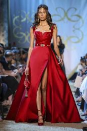 Dresses Elie Saab Red Satin A line Evening Dresses 2020 Spaghetti Straps Ruched High Split Sweep Train Formal Party Prom Dresses BC2678