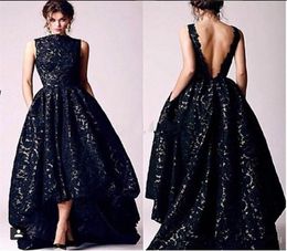 Vintage Black Lace Hi Lo Evening Dresses A Line Cap Sleeve Sexy backless Formal Party Prom Gowns Custom made Robe5560822