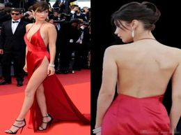 Cheap Deep V Neck Bella Hadid Celebrity Dresses Prom Gowns Long Red Carpet High Split Formal Dress Halter Sexy Evening Party Dress2429088