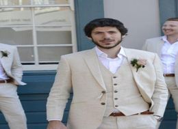 New Beige Linen Wedding Suits Beach Groom Tuxedos 3 Pieces JacketPantsVest Bridegroom Men Suits Man Blazer Custom Made6530978