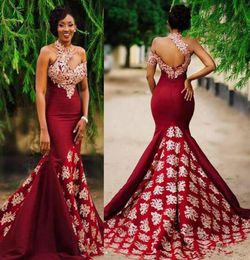 Aso Ebi Style Dark Red Sexy Mermaid Evening Pageant Dresses Modest Lace High Neck Backless Sweep Train Trumpet Africa Prom Party G5929986