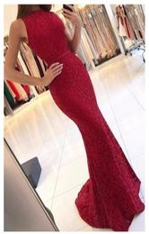 Mermaid Round Neck Prom Dresses Dark Red Lace Cut Out Sweep Train New Arrival Long Prom Dresses5627998