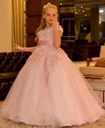 Dresses blush pink arabic flower girl dresses 3d floral appliques pearls child wedding dresses vintage little girl pageant dresses fg11