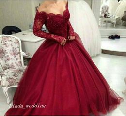 2019 Burgundy Prom Dress Arabic Wine Red Off The Shoulder Long Sleeves Tulle Special Occasion Dress Party Dress vestidos de fiesta2456575