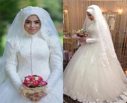 Vintage Muslim Ball Gown Wedding Dresses Long Sleeves High Neck Floral Lace Flower Bridal Gowns Saudi Arabia Islamic Wedding Dress6143509