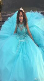 Mint Green Ball Gown Girls Quinceanera Dresses Open Back Corset Lace Sequins Tulle Cap 2019 Plus Size Sweet 16 Debutante Dress9645438