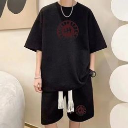 Harajuku summer waffle Sports Suit Men Loose top Casual shorts Pant 2 Piece Set Fashion brand print Sportswear Tarcksuit outfits 240326